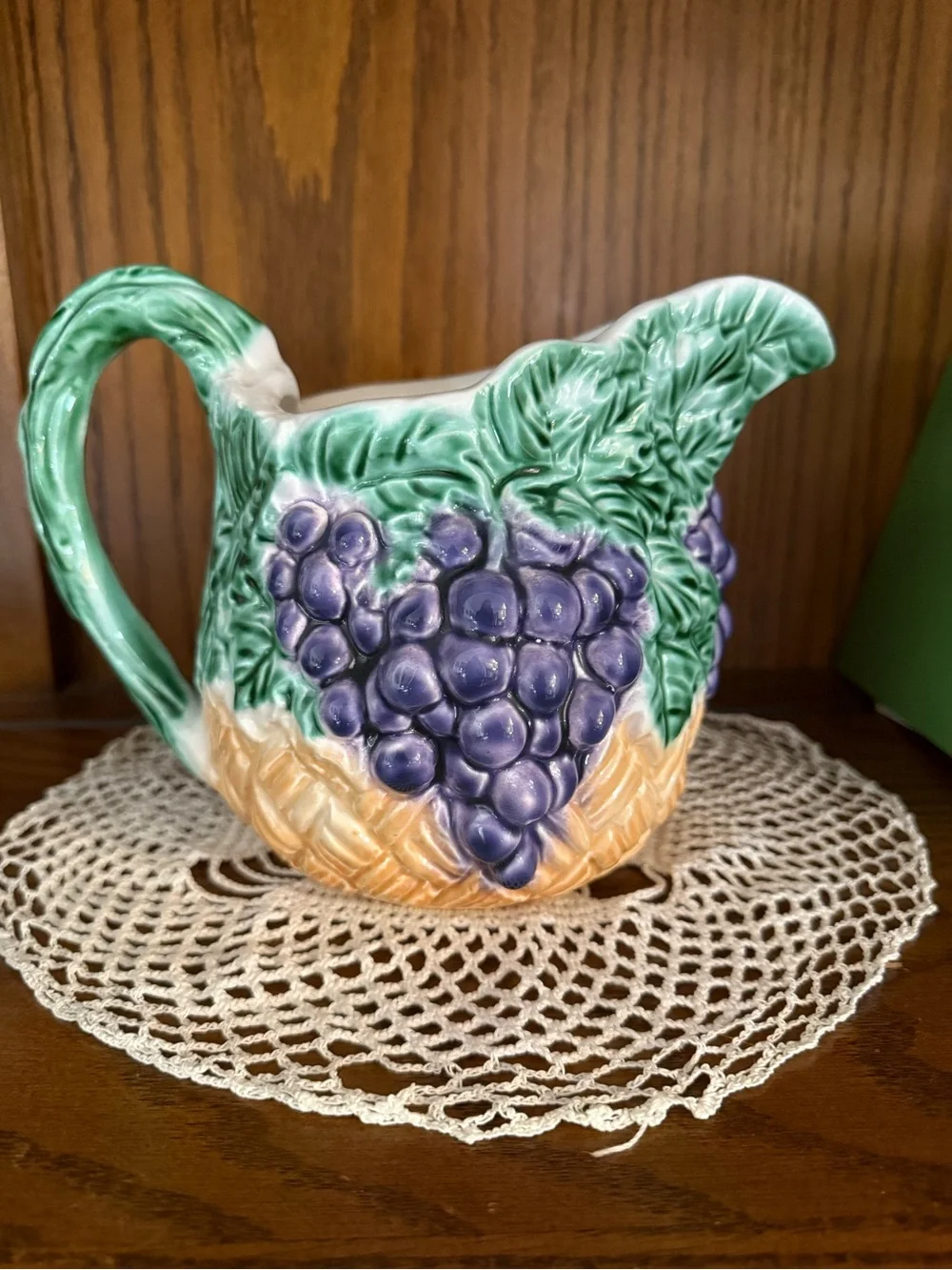 Hand-Painted Grape Ceramic Pitcher in Green, Purple and Tan